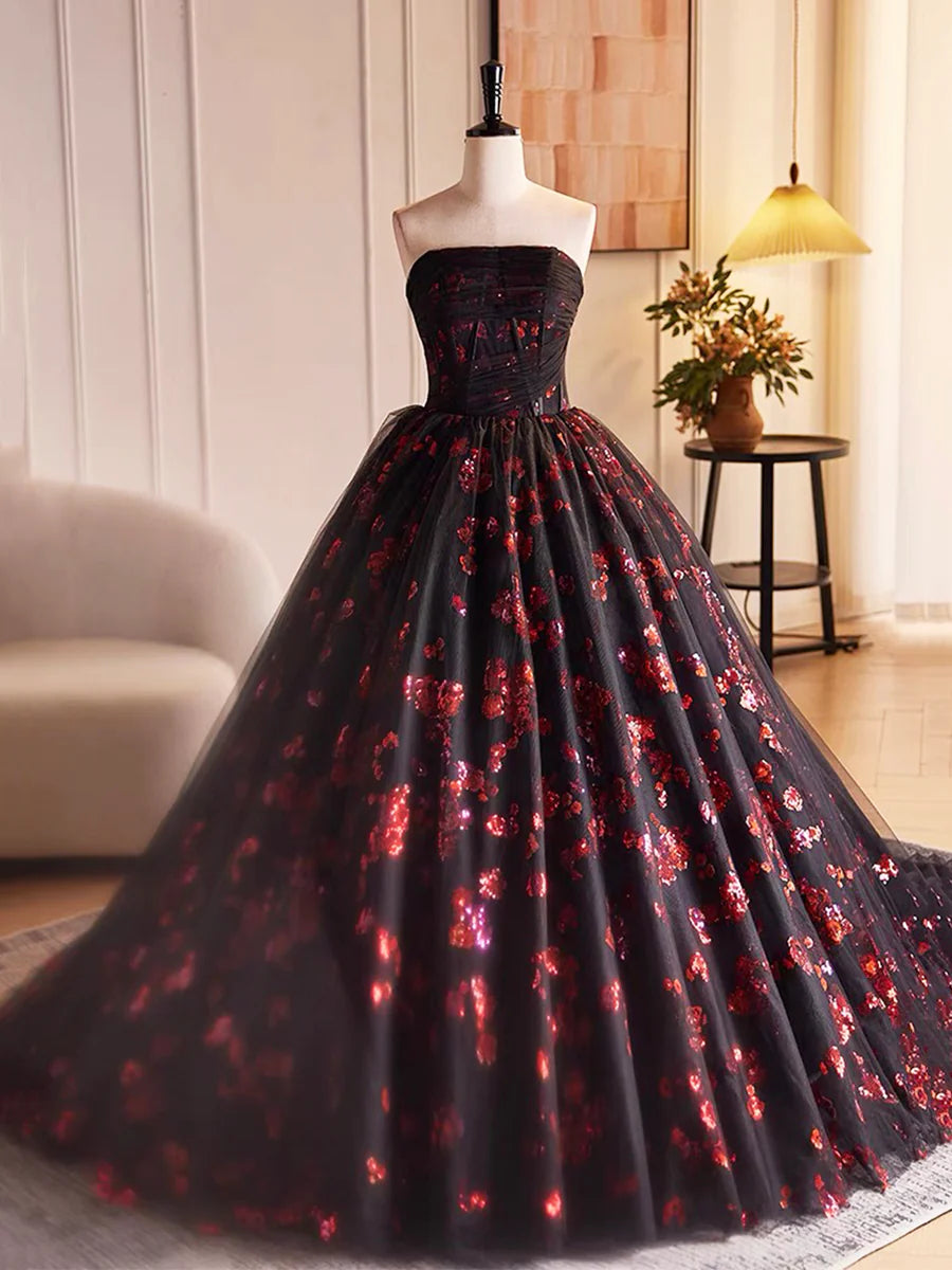Black Tulle and Red Sequins Long Pom Dress, Beautiful A-Line Strapless Formal Evening Dress TP196