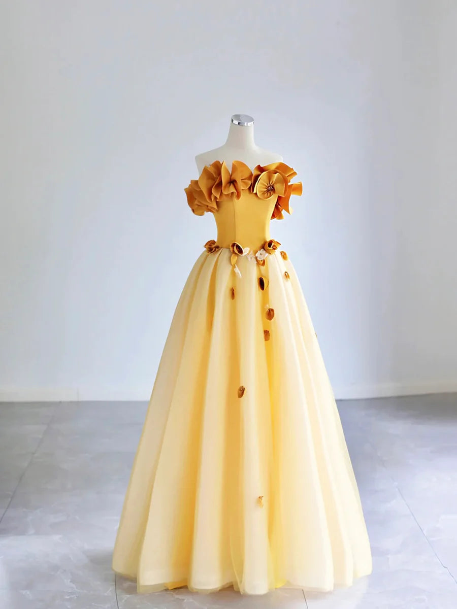 Yellow Tulle Applique Long Prom Dress, Off the Shoulder Sleeveless Backless Long Formal Evening Dress TP198