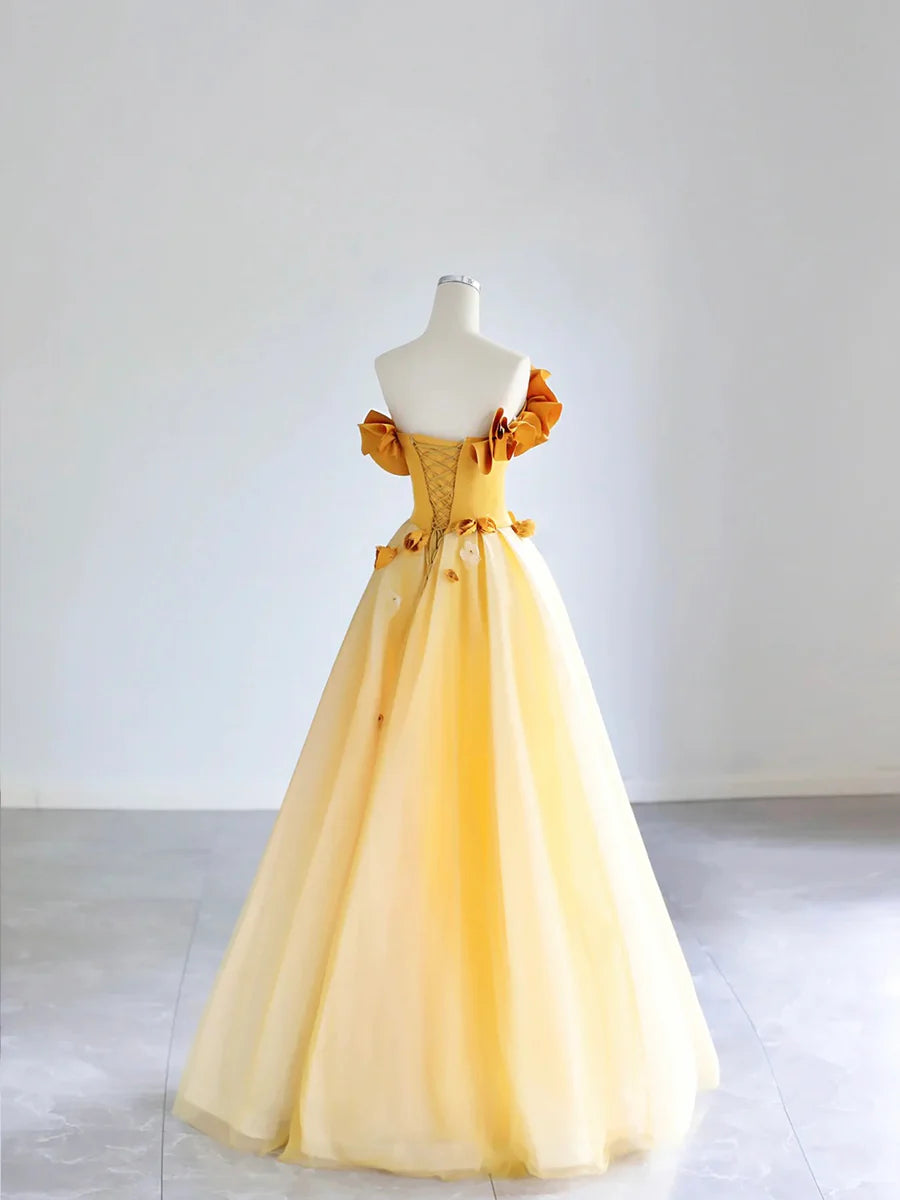 Yellow Tulle Applique Long Prom Dress, Off the Shoulder Sleeveless Backless Long Formal Evening Dress TP198