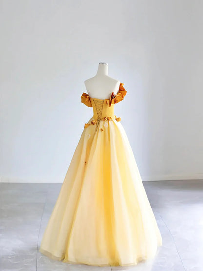 Yellow Tulle Applique Long Prom Dress, Off the Shoulder Sleeveless Backless Long Formal Evening Dress TP198