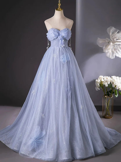 Blue Tulle Long A-Line Prom Dress Party Dress, Beautiful Off the Shoulder Blue Evening Dress TP96