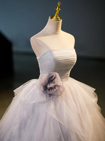 Gray Tulle Floor Length Formal Dress, A-Line Strapless Evening Party Dress TP92