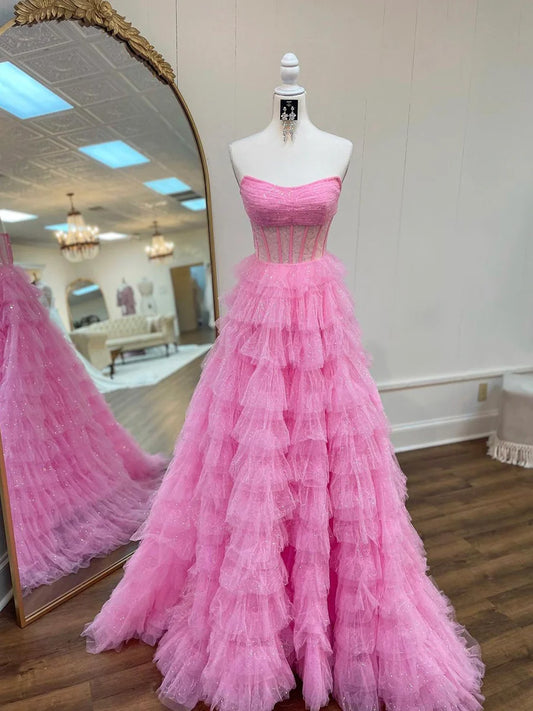Pink Strapless Tulle Sparkle Floor Length Prom Dress, Beautiful A-Line Evening Party Dress TP200