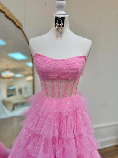 Pink Strapless Tulle Sparkle Floor Length Prom Dress, Beautiful A-Line Evening Party Dress TP200