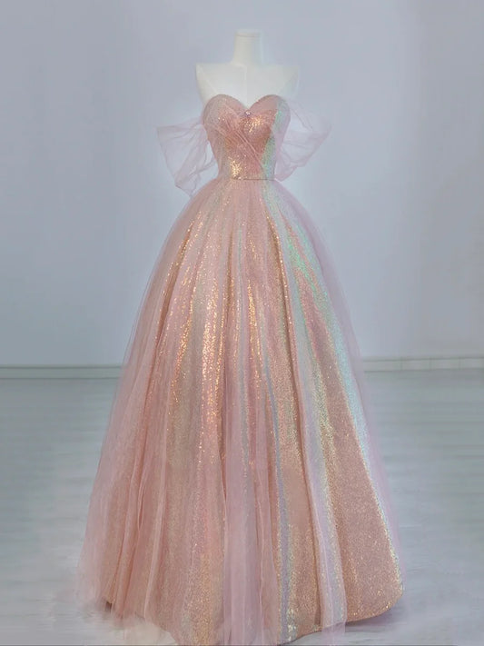 Pink Tulle and Sparkling Sequins Floor Length Prom Dress, Beautiful A-Line Evening Party Dress TP202