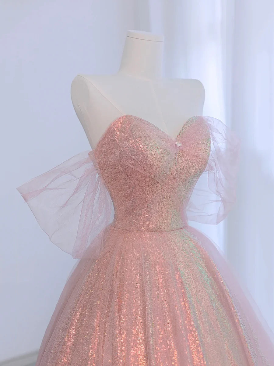 Pink Tulle and Sparkling Sequins Floor Length Prom Dress, Beautiful A-Line Evening Party Dress TP202