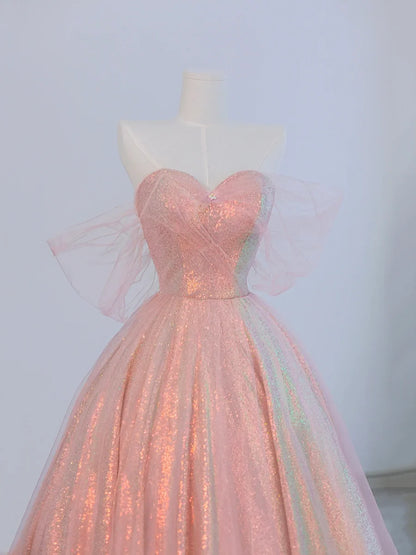 Pink Tulle and Sparkling Sequins Floor Length Prom Dress, Beautiful A-Line Evening Party Dress TP202