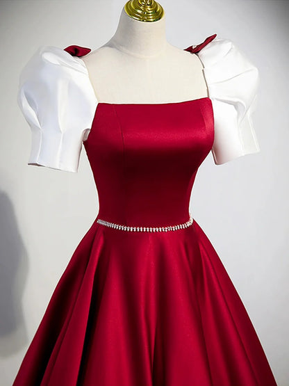 White and Burgundy Satin Long Prom Dress, Beautiful A-Line Short Sleeve Evening Dress TP203