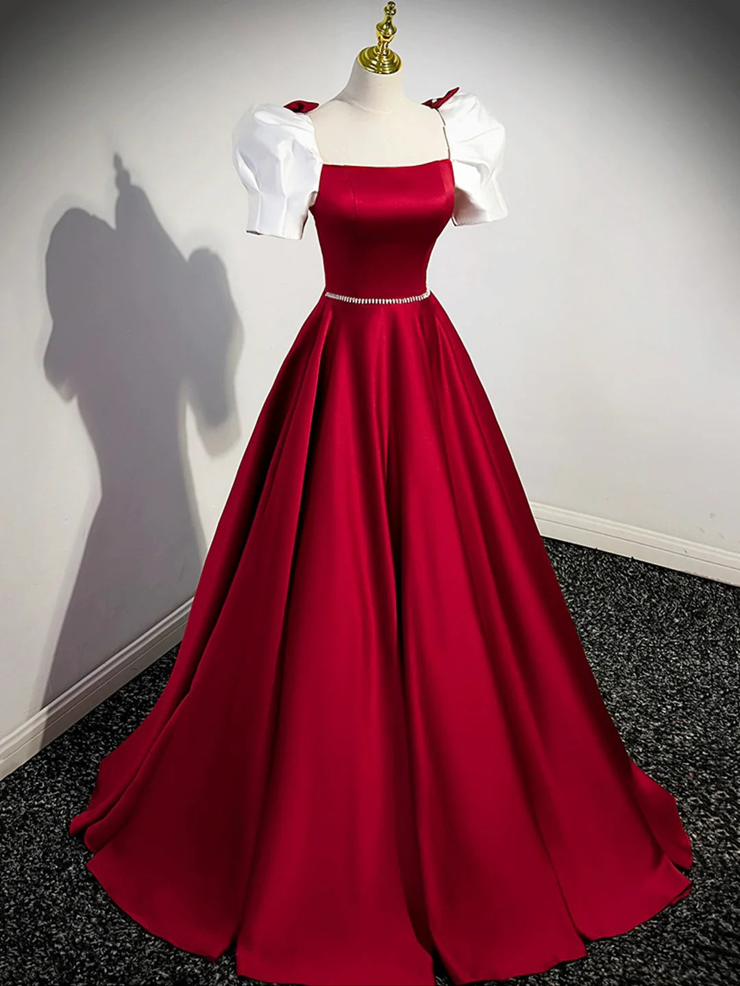 White and Burgundy Satin Long Prom Dress, Beautiful A-Line Short Sleeve Evening Dress TP203