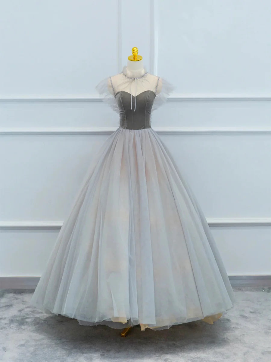 Lovely Velvet and Tulle Floor Length Prom Dress, Gray A-Line Formal Evening Dress TP204