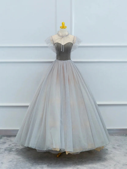 Lovely Velvet and Tulle Floor Length Prom Dress, Gray A-Line Formal Evening Dress TP204
