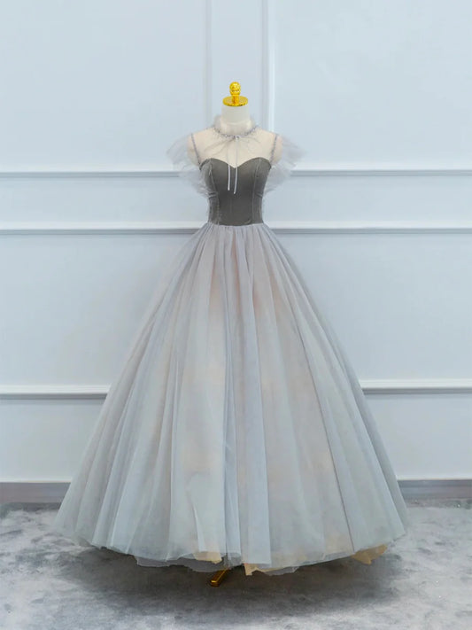 Lovely Velvet and Tulle Floor Length Prom Dress, Gray A-Line Formal Evening Dress TP204