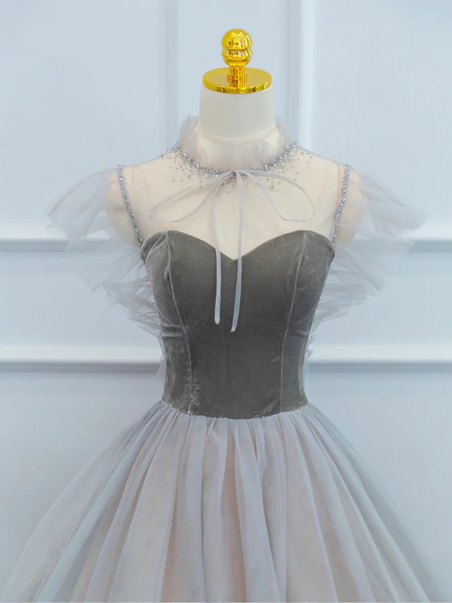 Lovely Velvet and Tulle Floor Length Prom Dress, Gray A-Line Formal Evening Dress TP204