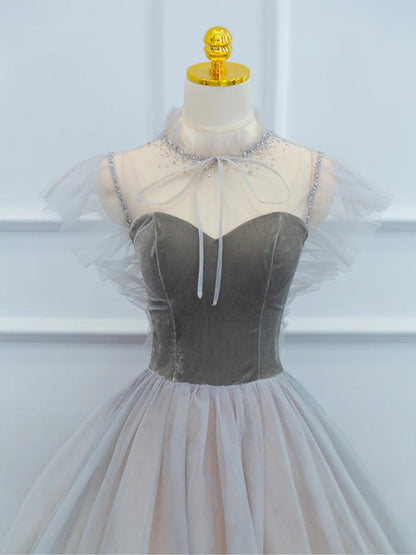 Lovely Velvet and Tulle Floor Length Prom Dress, Gray A-Line Formal Evening Dress TP204