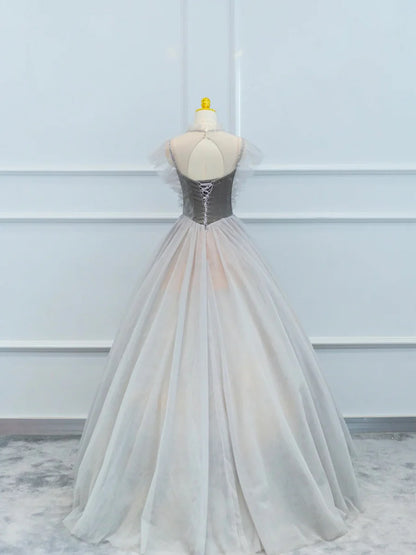 Lovely Velvet and Tulle Floor Length Prom Dress, Gray A-Line Formal Evening Dress TP204