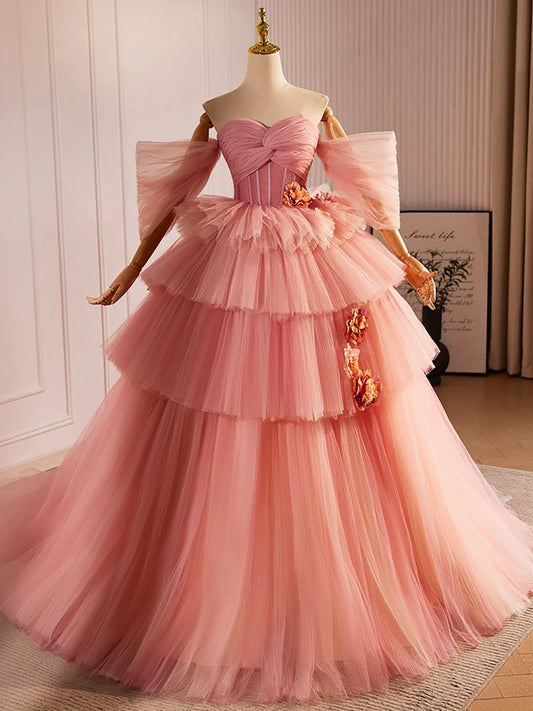 Pink Sweetheart Neck Tulle Long Ball Gown, Beautiful A-Line Evening Party Gown TP208