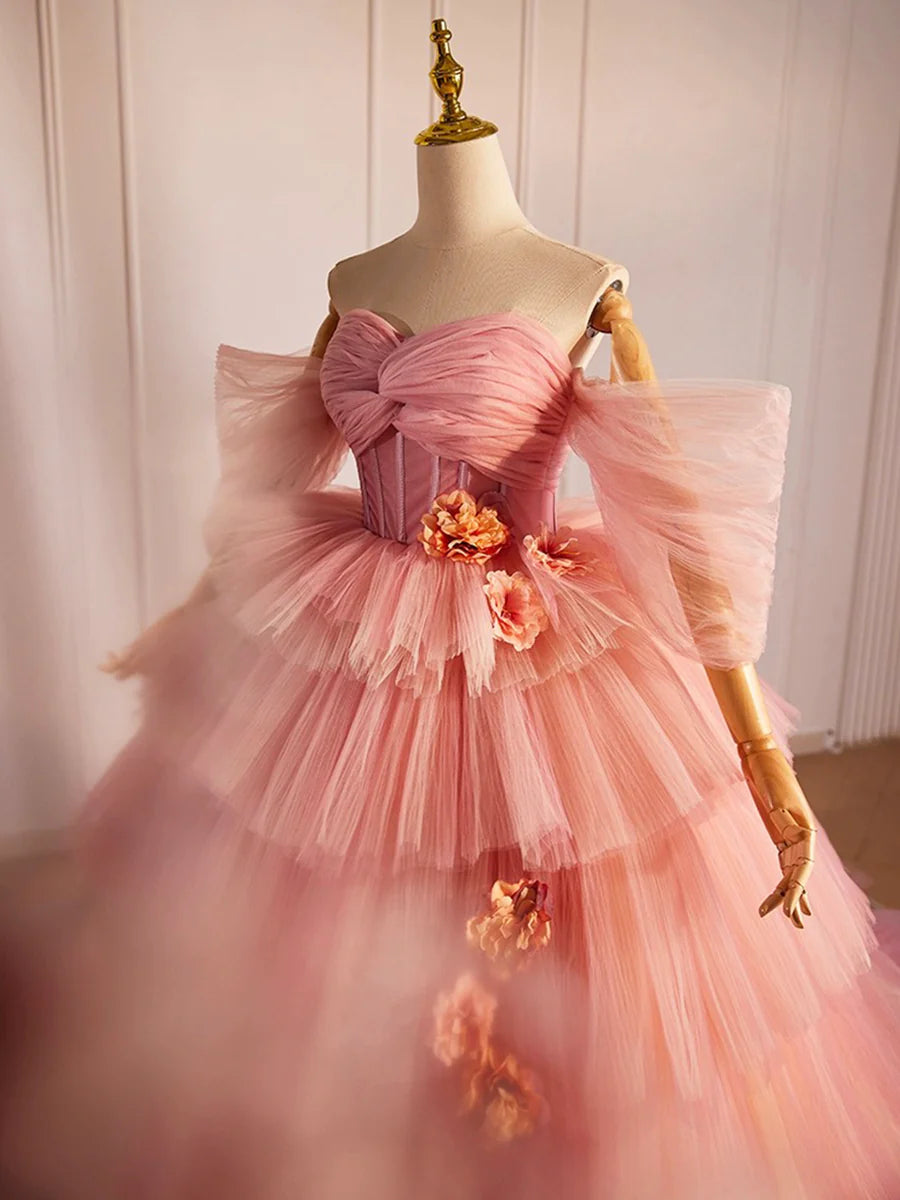 Pink Sweetheart Neck Tulle Long Ball Gown, Beautiful A-Line Evening Party Gown TP208