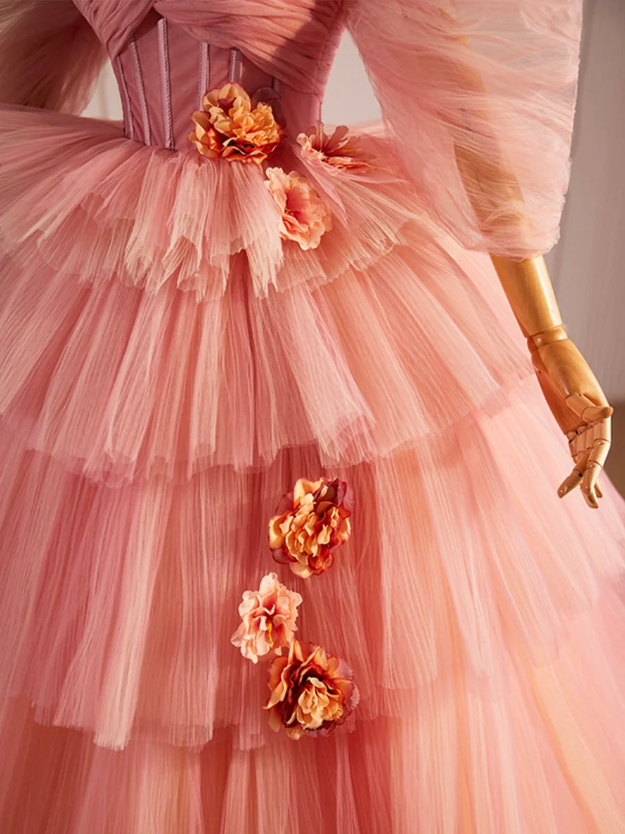 Pink Sweetheart Neck Tulle Long Ball Gown, Beautiful A-Line Evening Party Gown TP208