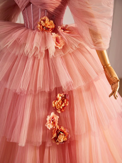 Pink Sweetheart Neck Tulle Long Ball Gown, Beautiful A-Line Evening Party Gown TP208