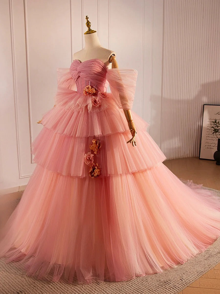 Pink Sweetheart Neck Tulle Long Ball Gown, Beautiful A-Line Evening Party Gown TP208