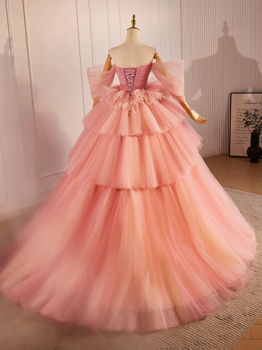 Pink Sweetheart Neck Tulle Long Ball Gown, Beautiful A-Line Evening Party Gown TP208