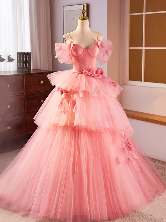 Pink Spaghetti Strap Tulle Long Prom Dress, Beautiful A-Line Sweet 16 Dress TP210