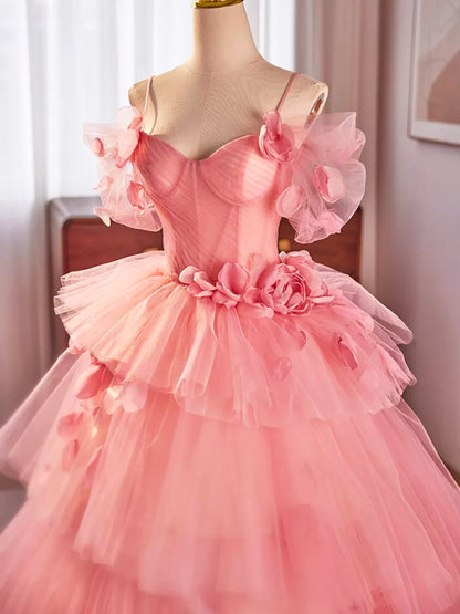 Pink Spaghetti Strap Tulle Long Prom Dress, Beautiful A-Line Sweet 16 Dress TP210