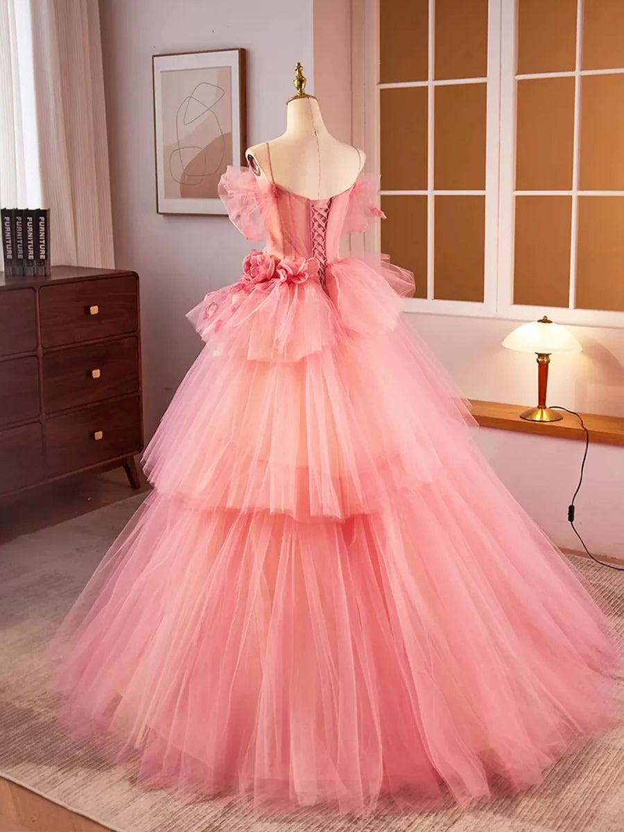 Pink Spaghetti Strap Tulle Long Prom Dress, Beautiful A-Line Sweet 16 Dress TP210