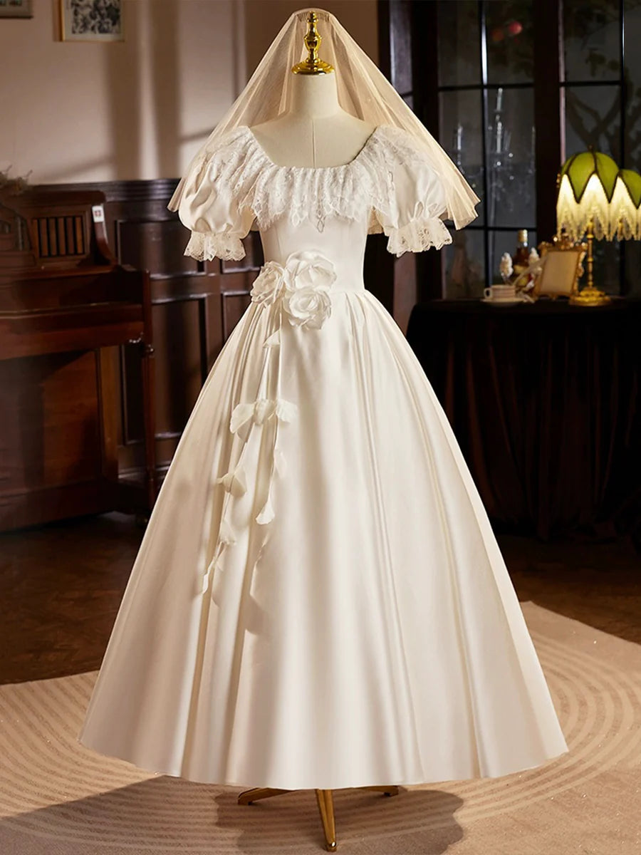 White Satin Tea Length Prom Dress with Lace, Retro A-Line Evening Party Dress TP211