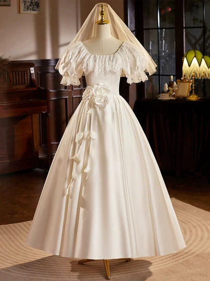 White Satin Tea Length Prom Dress with Lace, Retro A-Line Evening Party Dress TP211
