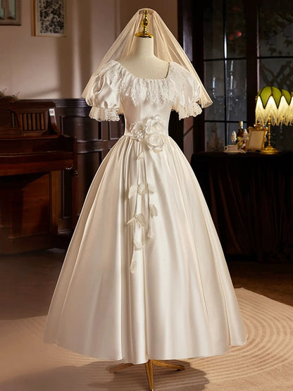 White Satin Tea Length Prom Dress with Lace, Retro A-Line Evening Party Dress TP211