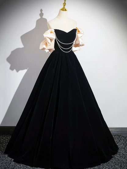 Black Velvet Floor Length Prom Dress, Off the Shoulder A-Line Evening Party Dress TP213