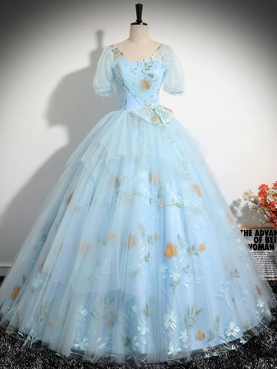 Blue Tulle Floor Length Prom Dress, Beautiful Short Sleeve Evening Party Dress TP216