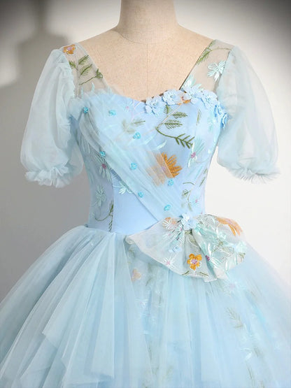 Blue Tulle Floor Length Prom Dress, Beautiful Short Sleeve Evening Party Dress TP216