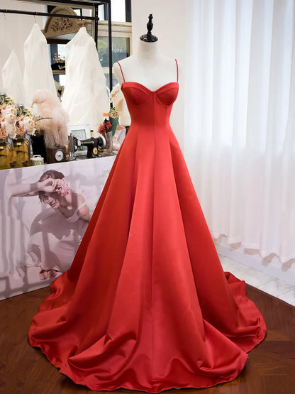 Red Spaghetti Strap Satin Long Prom Dress, Simple A-Line Backless Evening Party Dress TP218