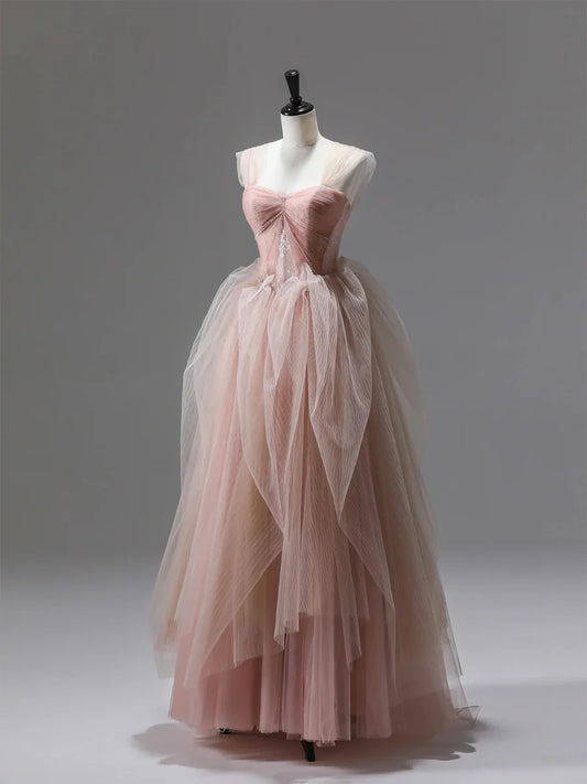 Pink Tulle Lace Long Prom Dress, Beautiful A-Line Evening Party Dress TP220