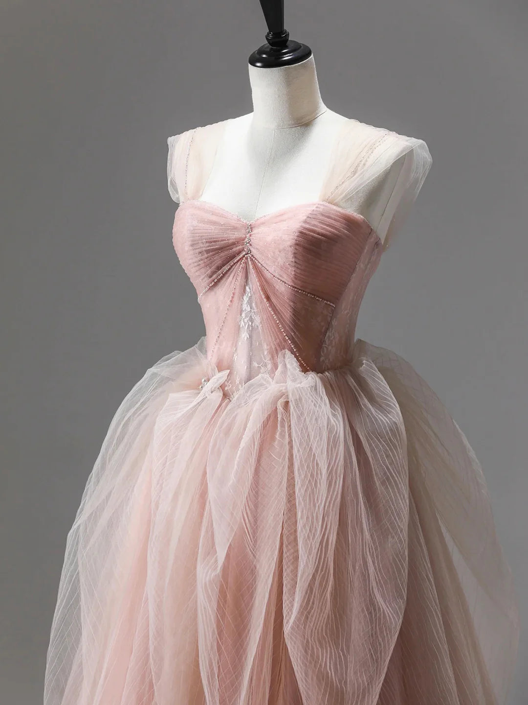 Pink Tulle Lace Long Prom Dress, Beautiful A-Line Evening Party Dress TP220