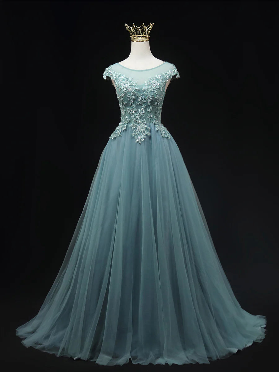 Blue Scoop Neckline Tulle Lace Long Prom Dress, Beautiful Lace Formal Evening Dress TP221