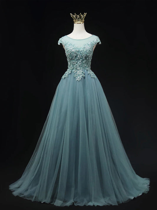 Blue Scoop Neckline Tulle Lace Long Prom Dress, Beautiful Lace Formal Evening Dress TP221