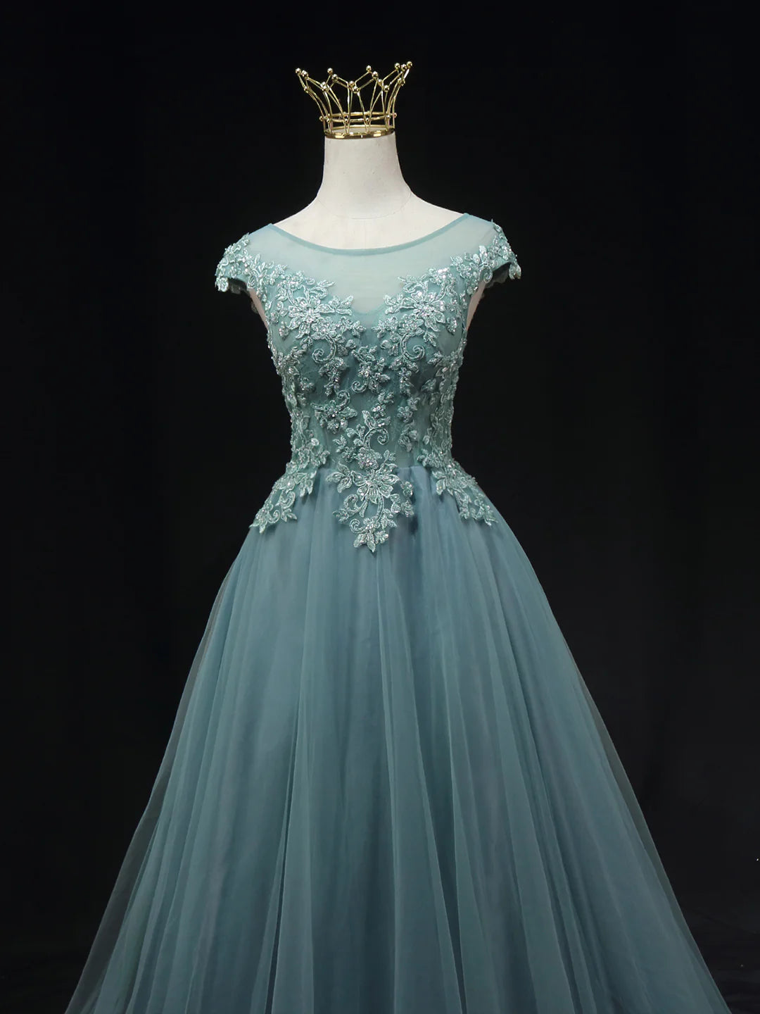 Blue Scoop Neckline Tulle Lace Long Prom Dress, Beautiful Lace Formal Evening Dress TP221