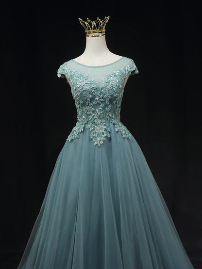 Blue Scoop Neckline Tulle Lace Long Prom Dress, Beautiful Lace Formal Evening Dress TP221