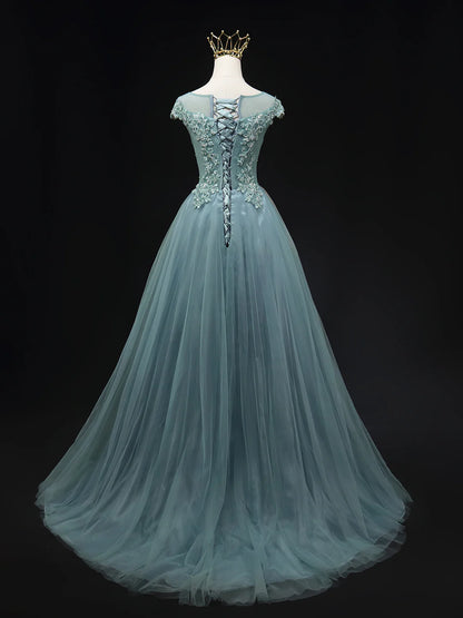 Blue Scoop Neckline Tulle Lace Long Prom Dress, Beautiful Lace Formal Evening Dress TP221