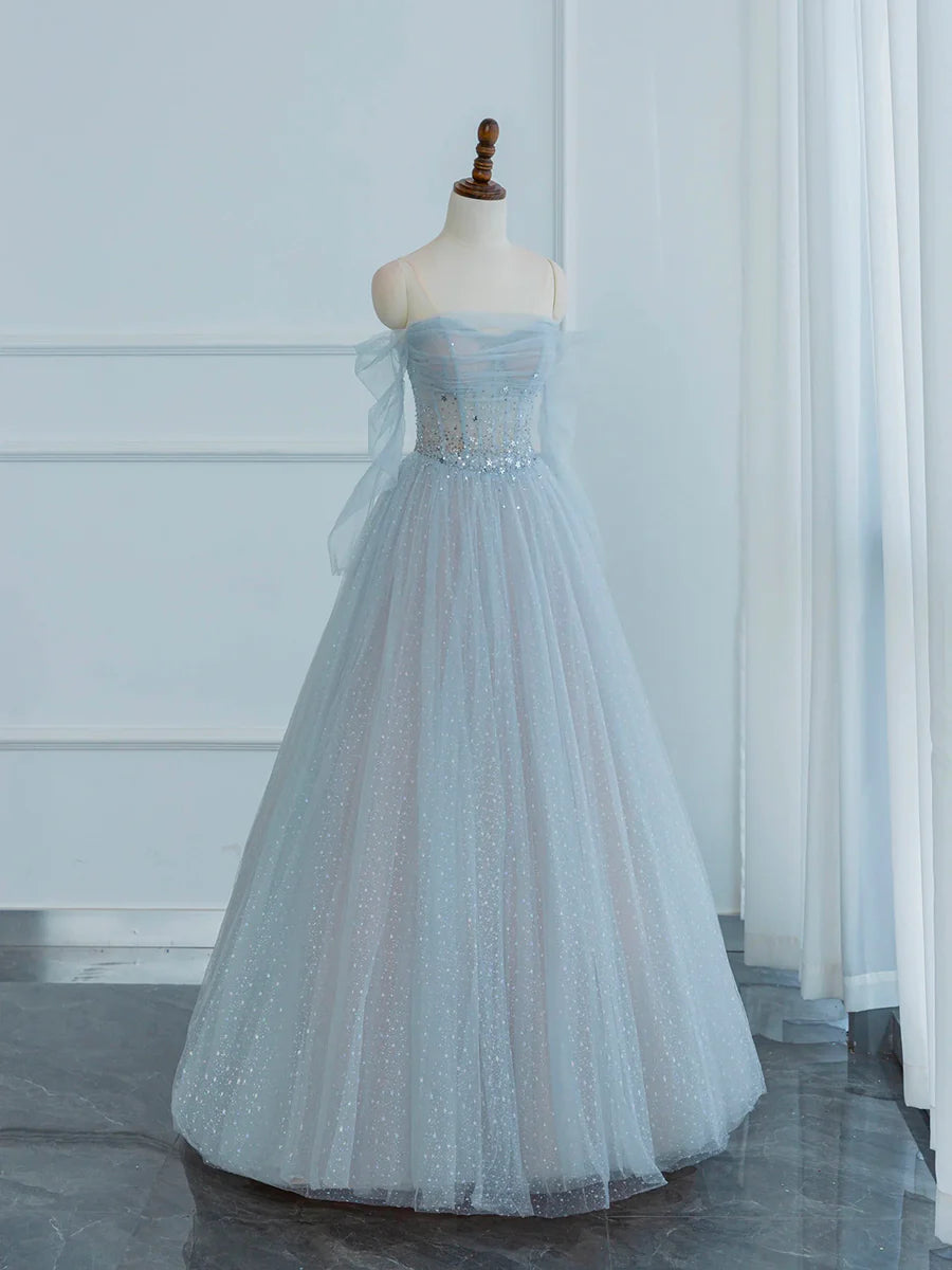 Dusty Blue Tulle Sequins Long Prom Dress, Off the Shoulder Long Sleeve Evening Party Dress TP225