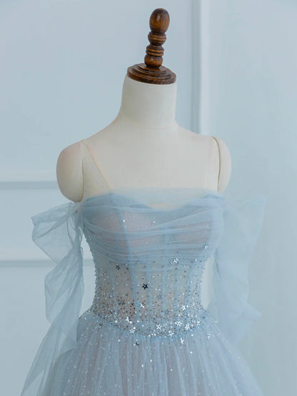 Dusty Blue Tulle Sequins Long Prom Dress, Off the Shoulder Long Sleeve Evening Party Dress TP225