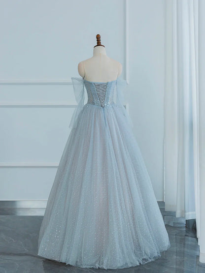 Dusty Blue Tulle Sequins Long Prom Dress, Off the Shoulder Long Sleeve Evening Party Dress TP225