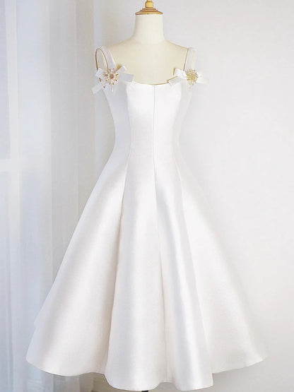 White Satin Short Prom Dress, Simple A-Line Evening Party Dress TP229