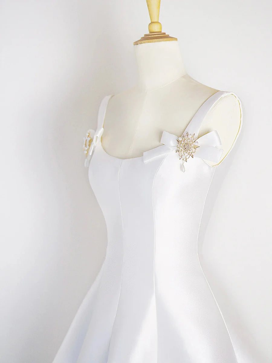 White Satin Short Prom Dress, Simple A-Line Evening Party Dress TP229