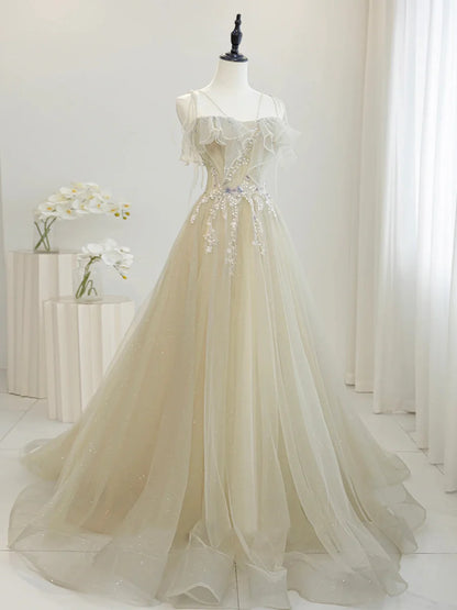 Cute Tulle Sequins Floor Length Prom Dress, Beautiful Spaghetti Strap Evening Party Dress TP230