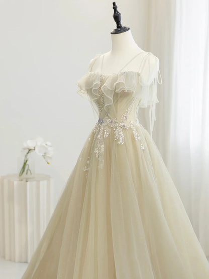 Cute Tulle Sequins Floor Length Prom Dress, Beautiful Spaghetti Strap Evening Party Dress TP230