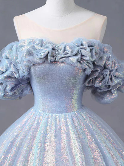 Blue Tulle Sequins Long Formal Dress, Off the Shoulder Princess Dress Sweet 16 Dress TP232